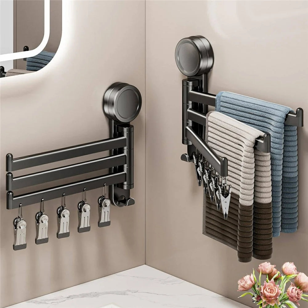 Wall-Mounted Rotating Drying Rack Suction Cup 3-Tiered Sock Hanger with 5 Clips for Bathroom Balcony - Gunmetal Grey - 5