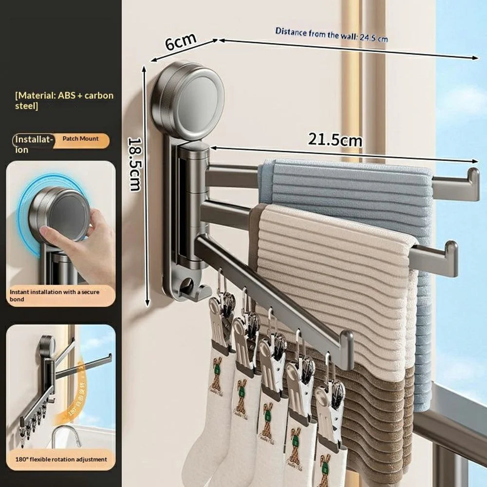 Wall-Mounted Rotating Drying Rack Suction Cup 3-Tiered Sock Hanger with 5 Clips for Bathroom Balcony - Gunmetal Grey - 7