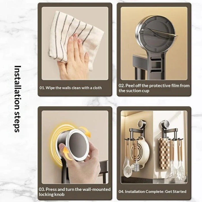 Kitchen Utensil Rack with Suction Cup 360-Degree Swivel No-Drill Wall Mount Organizer for Kitchen Tools Cutting Board - Gunmetal Grey - 3