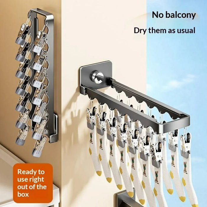 Folding Clothes Drying Rack 14 Clips Suction Cup Wall Mount Invisible Sock Underwear Hanger for Balcony - Gunmetal Grey - 2