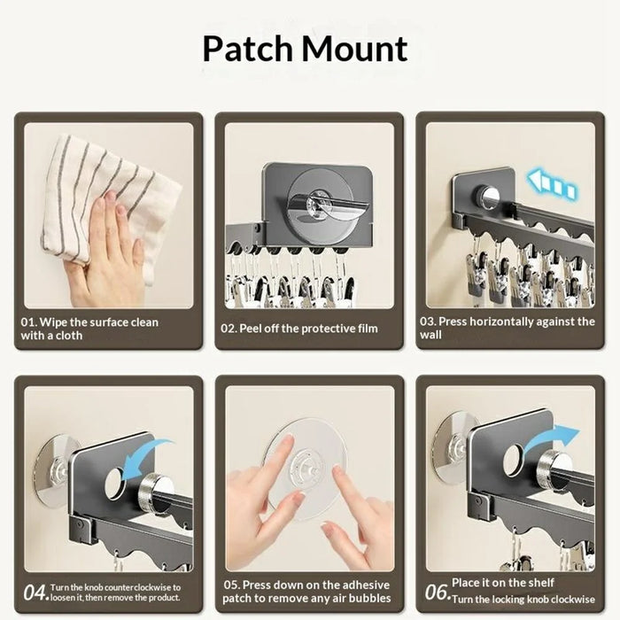 Folding Clothes Drying Rack 14 Clips Suction Cup Wall Mount Invisible Sock Underwear Hanger for Balcony - Gunmetal Grey - 3