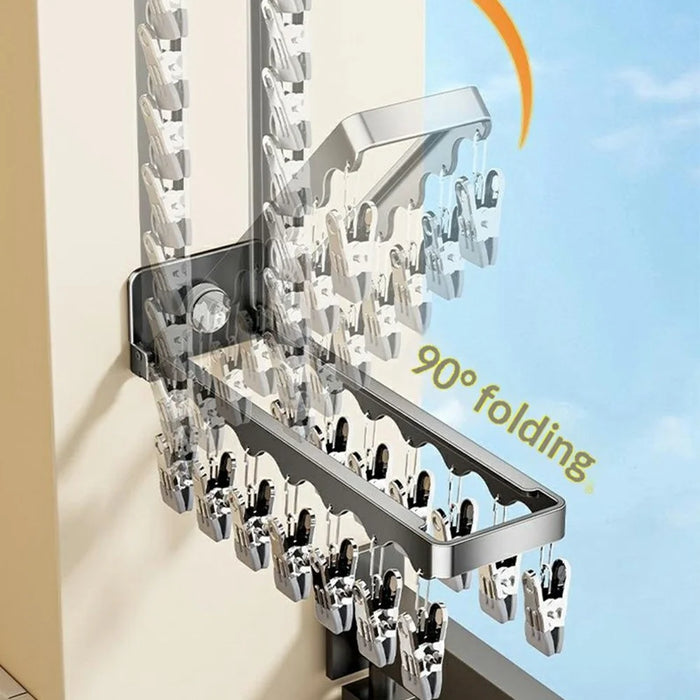 Folding Clothes Drying Rack 14 Clips Suction Cup Wall Mount Invisible Sock Underwear Hanger for Balcony - Gunmetal Grey - 5