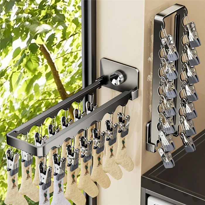 Folding Clothes Drying Rack 14 Clips Suction Cup Wall Mount Invisible Sock Underwear Hanger for Balcony - Gunmetal Grey - 7