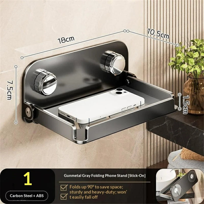 Folding Phone Stand Wall Mounted Bathroom Shelf 90 Degree Foldable Storage Rack Carbon Steel Waterproof Tissue Holder - Gunmetal Grey - 7