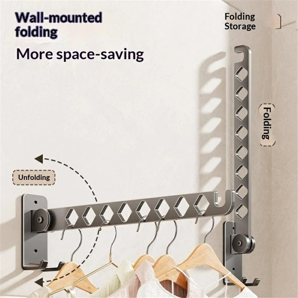 Foldable Wall Mounted Clothes Drying Rack 8-Hook Stainless Steel No Drill Bathroom Balcony Space Saving Hanger - Gunmetal Grey - 2