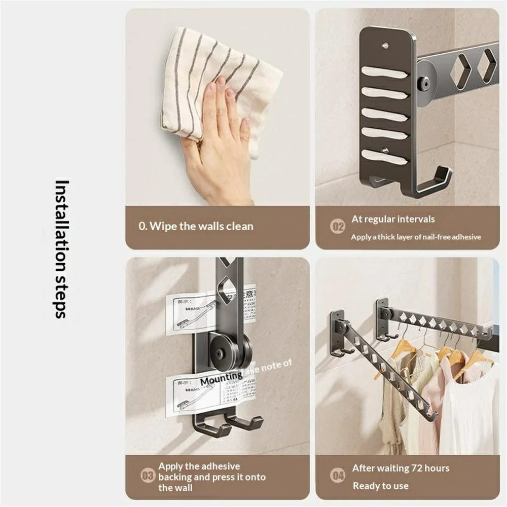 Foldable Wall Mounted Clothes Drying Rack 8-Hook Stainless Steel No Drill Bathroom Balcony Space Saving Hanger - Gunmetal Grey - 4