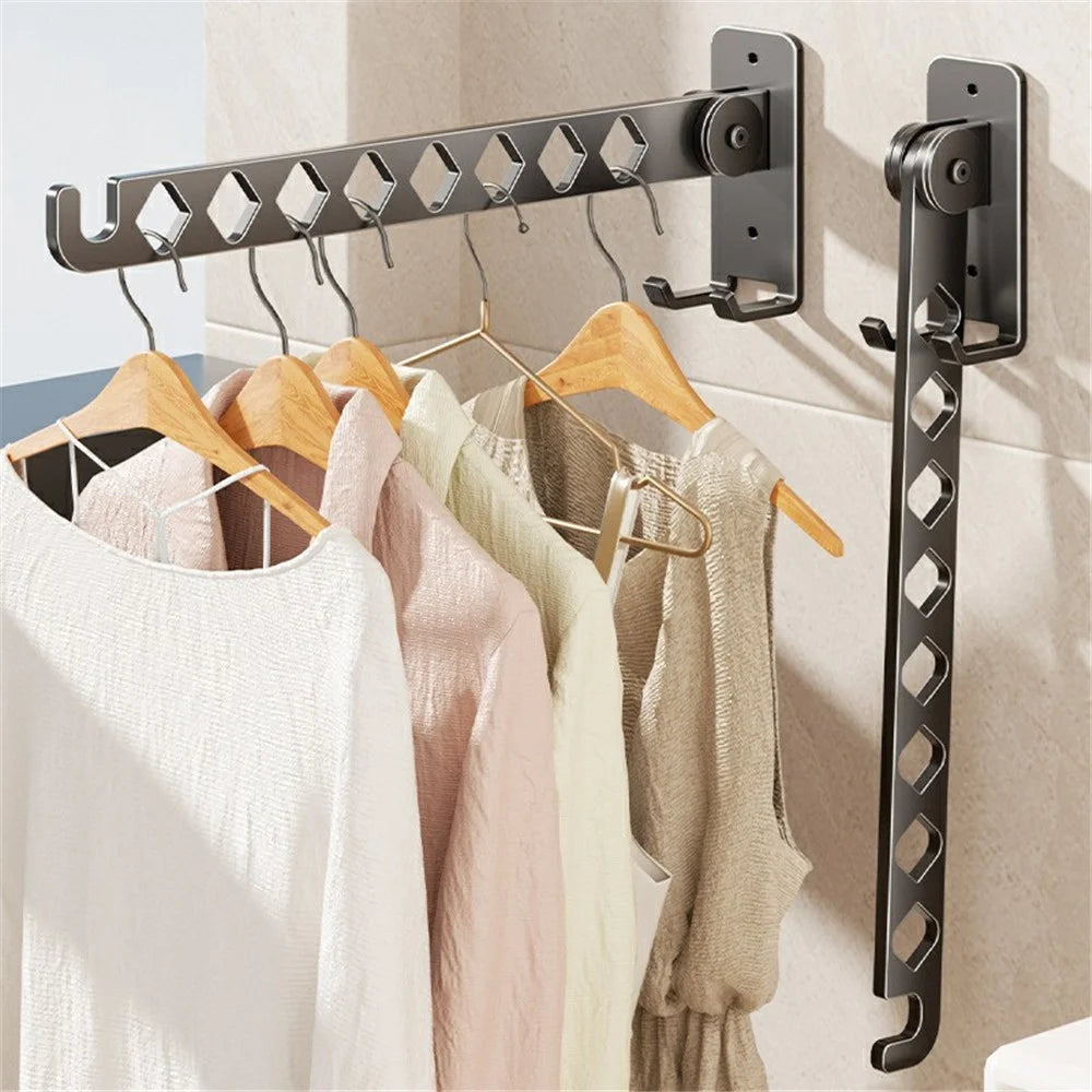 Foldable Wall Mounted Clothes Drying Rack 8-Hook Stainless Steel No Drill Bathroom Balcony Space Saving Hanger - Gunmetal Grey - 5