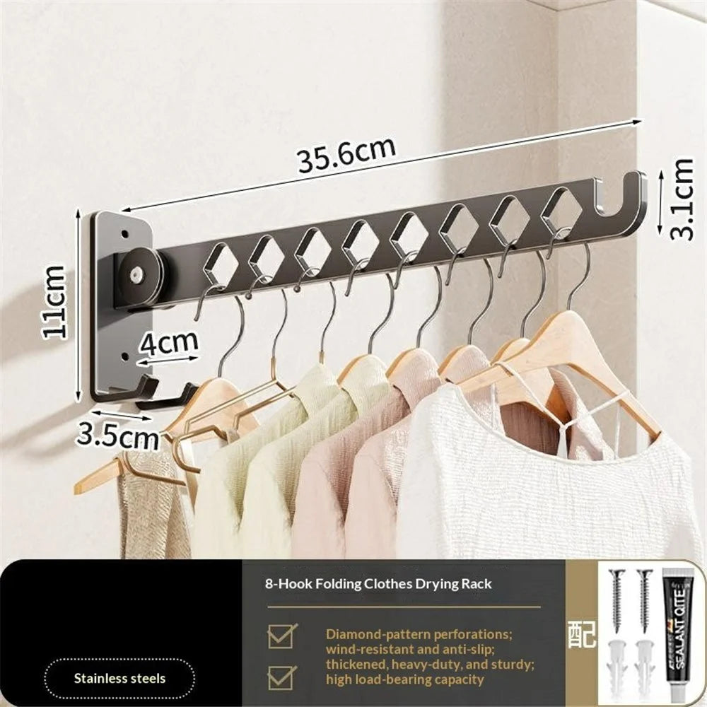 Foldable Wall Mounted Clothes Drying Rack 8-Hook Stainless Steel No Drill Bathroom Balcony Space Saving Hanger - Gunmetal Grey - 6