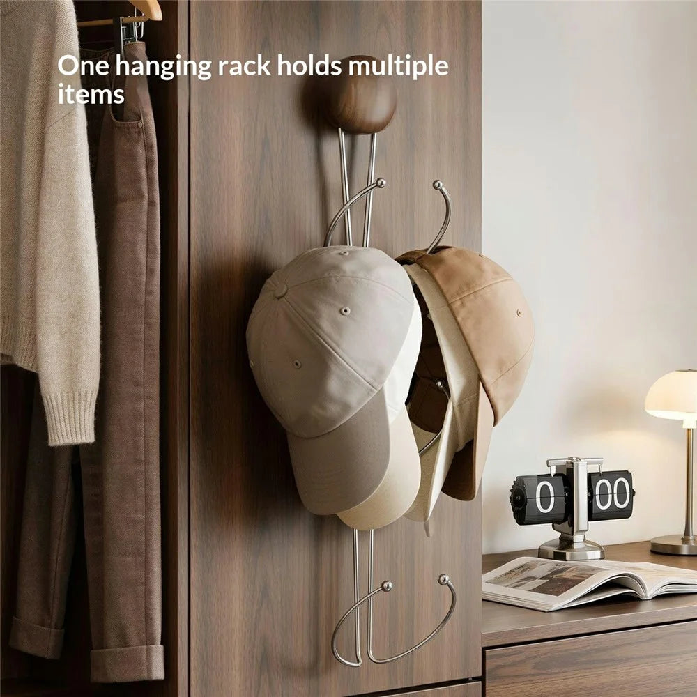 3-Hook Suction Cup Hat Rack No Drill Wall Mount Walnut Wood Hooks Holder for Cap Organization - 5