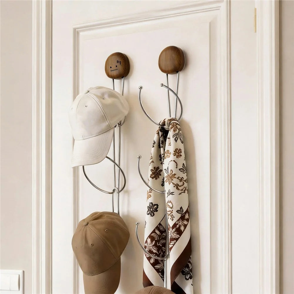 3-Hook Suction Cup Hat Rack No Drill Wall Mount Walnut Wood Hooks Holder for Cap Organization - 6