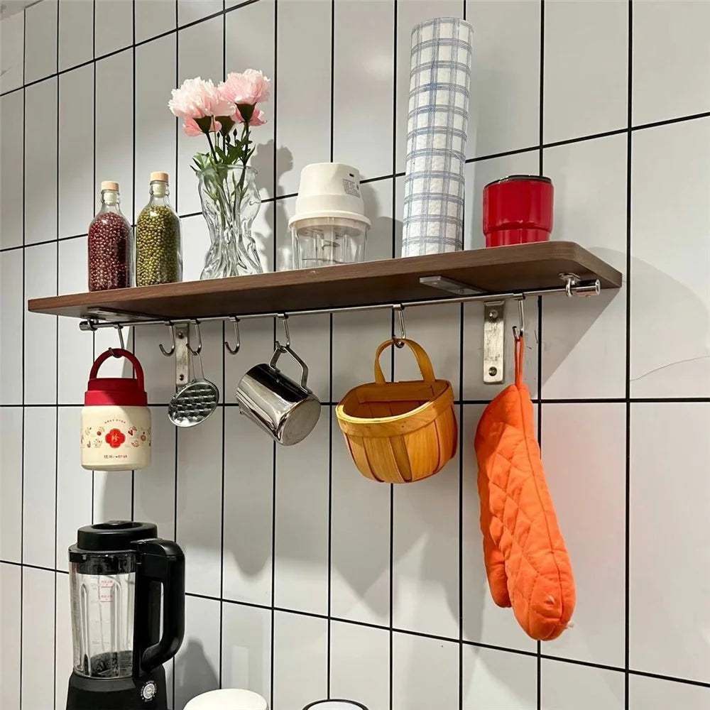 15x40x4cm Kitchen Wall-Mounted Storage Rack with 8Pcs Hooks & Stainless Steel Bar No Drill Storage Organizer Wood Shelf - Walnut Wood Grain - 1
