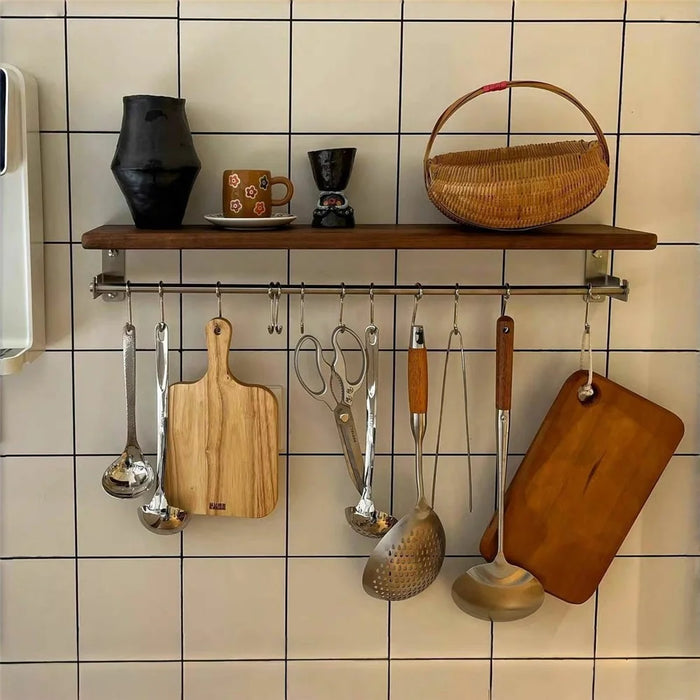 15x40x4cm Kitchen Wall-Mounted Storage Rack with 8Pcs Hooks & Stainless Steel Bar No Drill Storage Organizer Wood Shelf - Walnut Wood Grain - 2