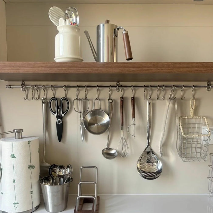 15x40x4cm Kitchen Wall-Mounted Storage Rack with 8Pcs Hooks & Stainless Steel Bar No Drill Storage Organizer Wood Shelf - Walnut Wood Grain - 3