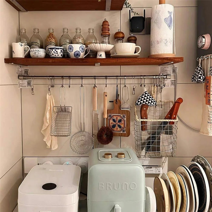 15x40x4cm Kitchen Wall-Mounted Storage Rack with 8Pcs Hooks & Stainless Steel Bar No Drill Storage Organizer Wood Shelf - Walnut Wood Grain - 4