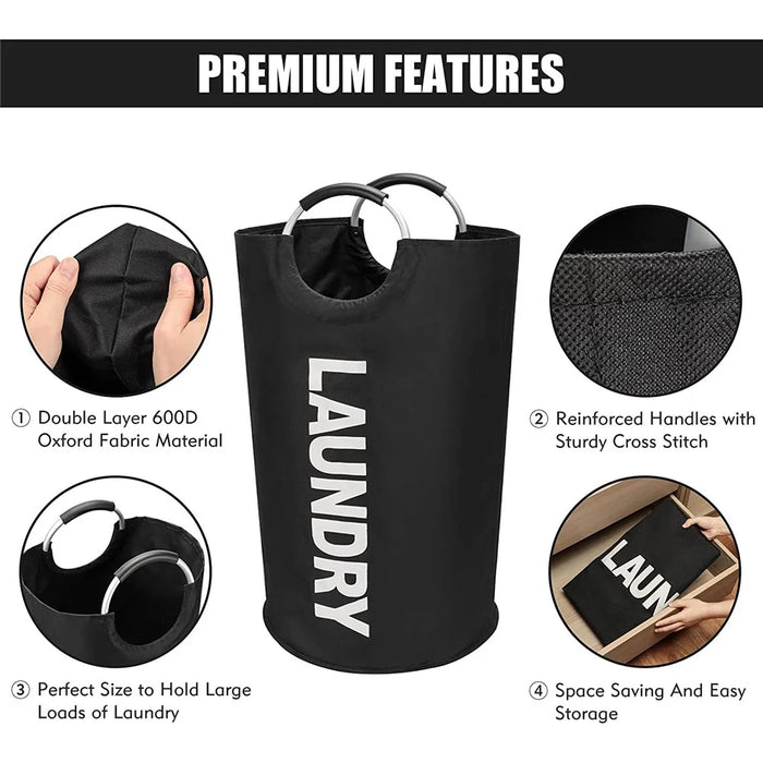 Large Size Collapsible Laundry Basket 600D Oxford Cloth Waterproof Dirty Clothes Storage Basket with Handles - Black - 2