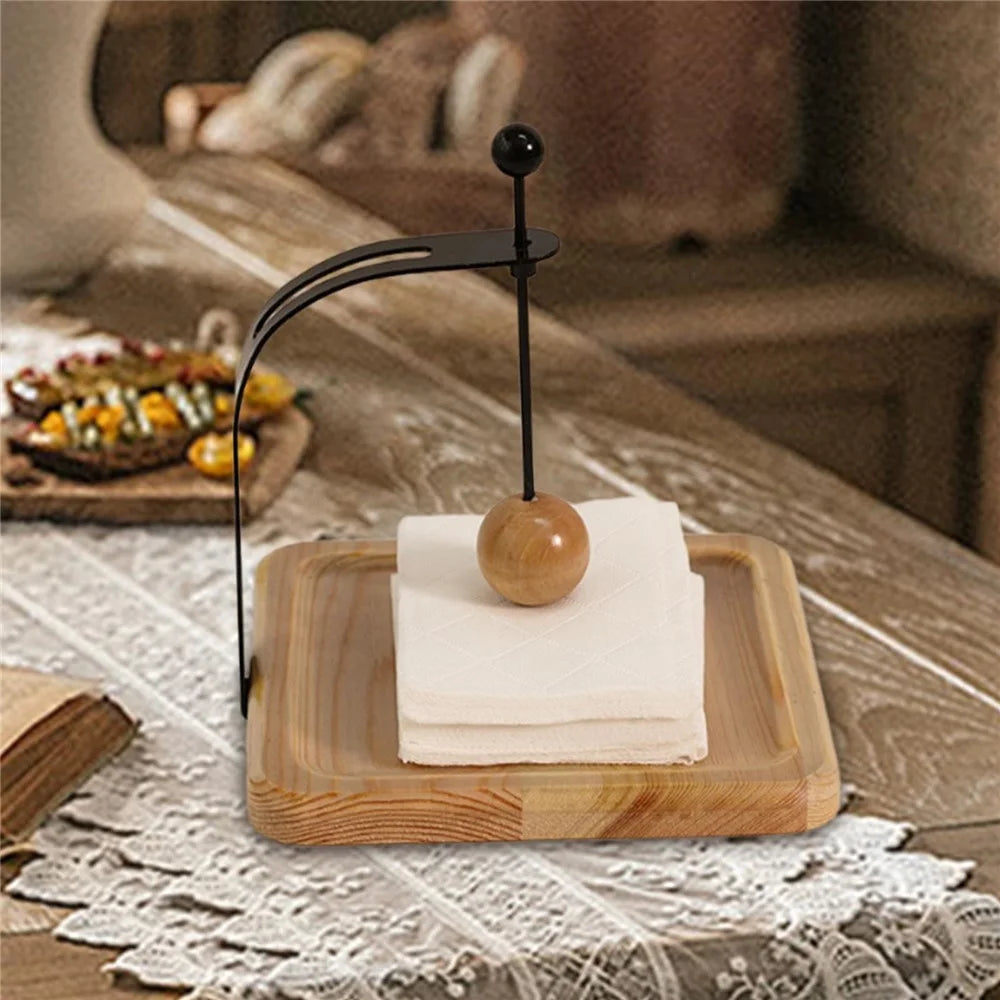 17.5x17.5x14.5cm Pine Wood Iron Napkin Holder Desktop Tissue Dispenser With Gravity Press Ball Design - Pine Wood  /  Varnish - 2
