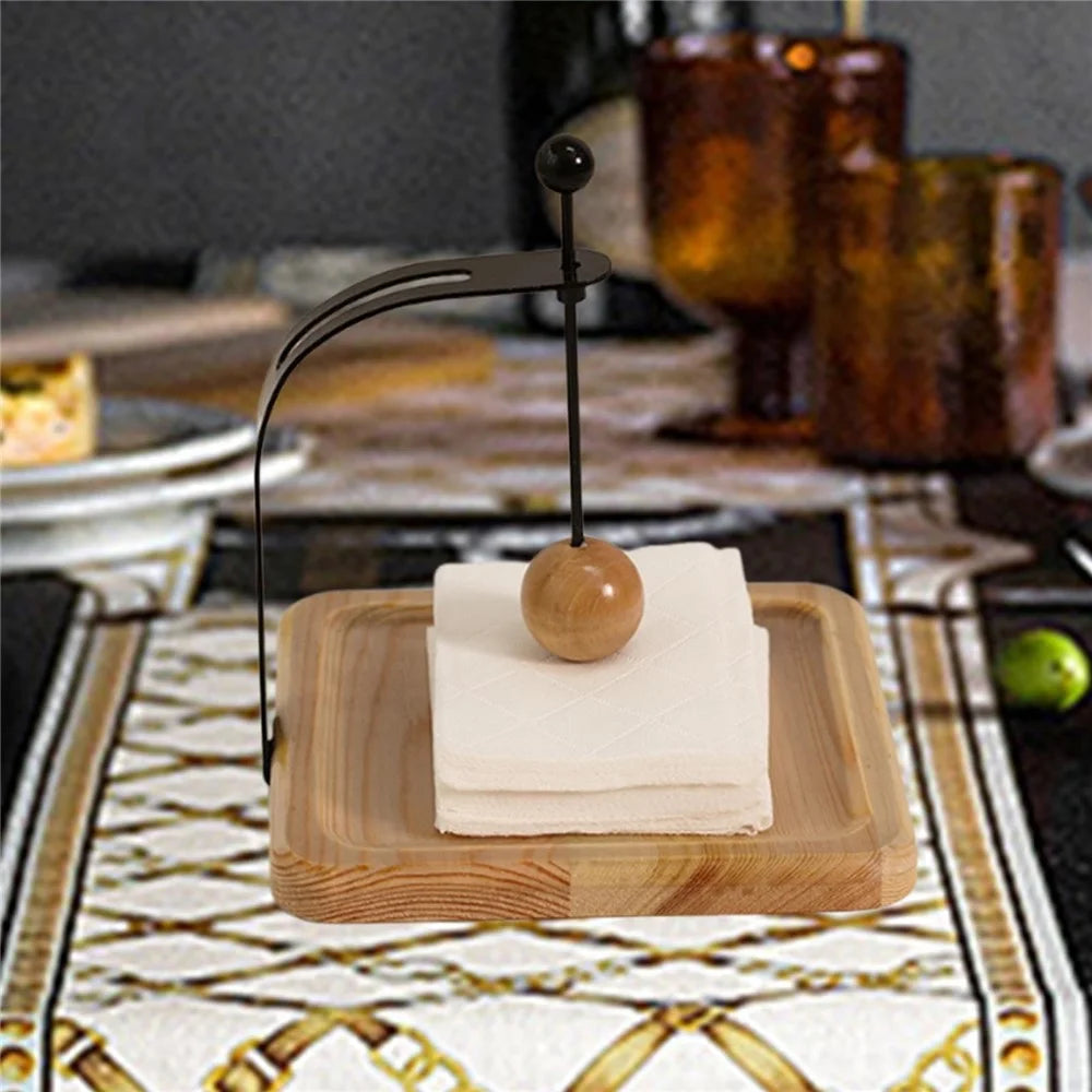 17.5x17.5x14.5cm Pine Wood Iron Napkin Holder Desktop Tissue Dispenser With Gravity Press Ball Design - Pine Wood  /  Varnish - 3