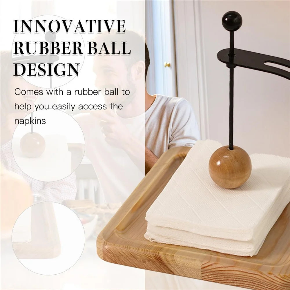 17.5x17.5x14.5cm Pine Wood Iron Napkin Holder Desktop Tissue Dispenser With Gravity Press Ball Design - Pine Wood  /  Varnish - 5