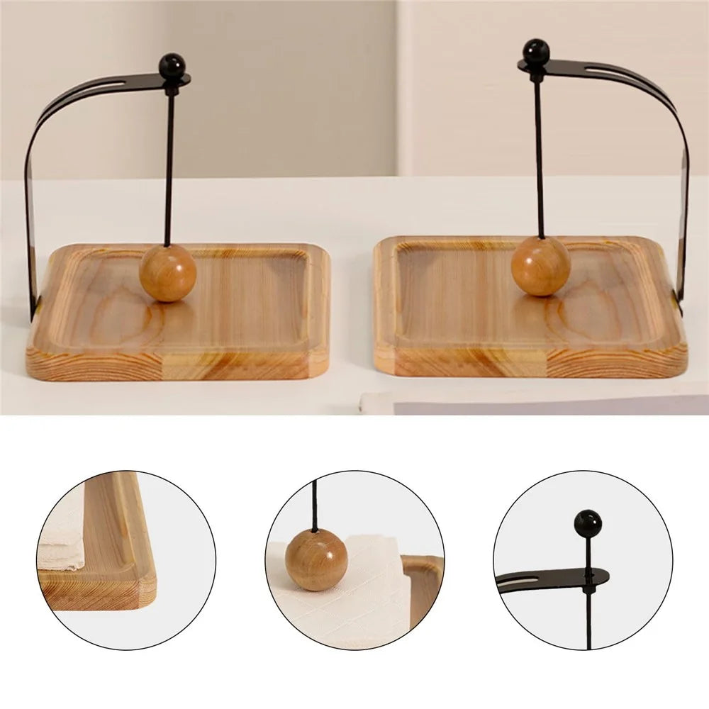 17.5x17.5x14.5cm Pine Wood Iron Napkin Holder Desktop Tissue Dispenser With Gravity Press Ball Design - Pine Wood  /  Varnish - 6