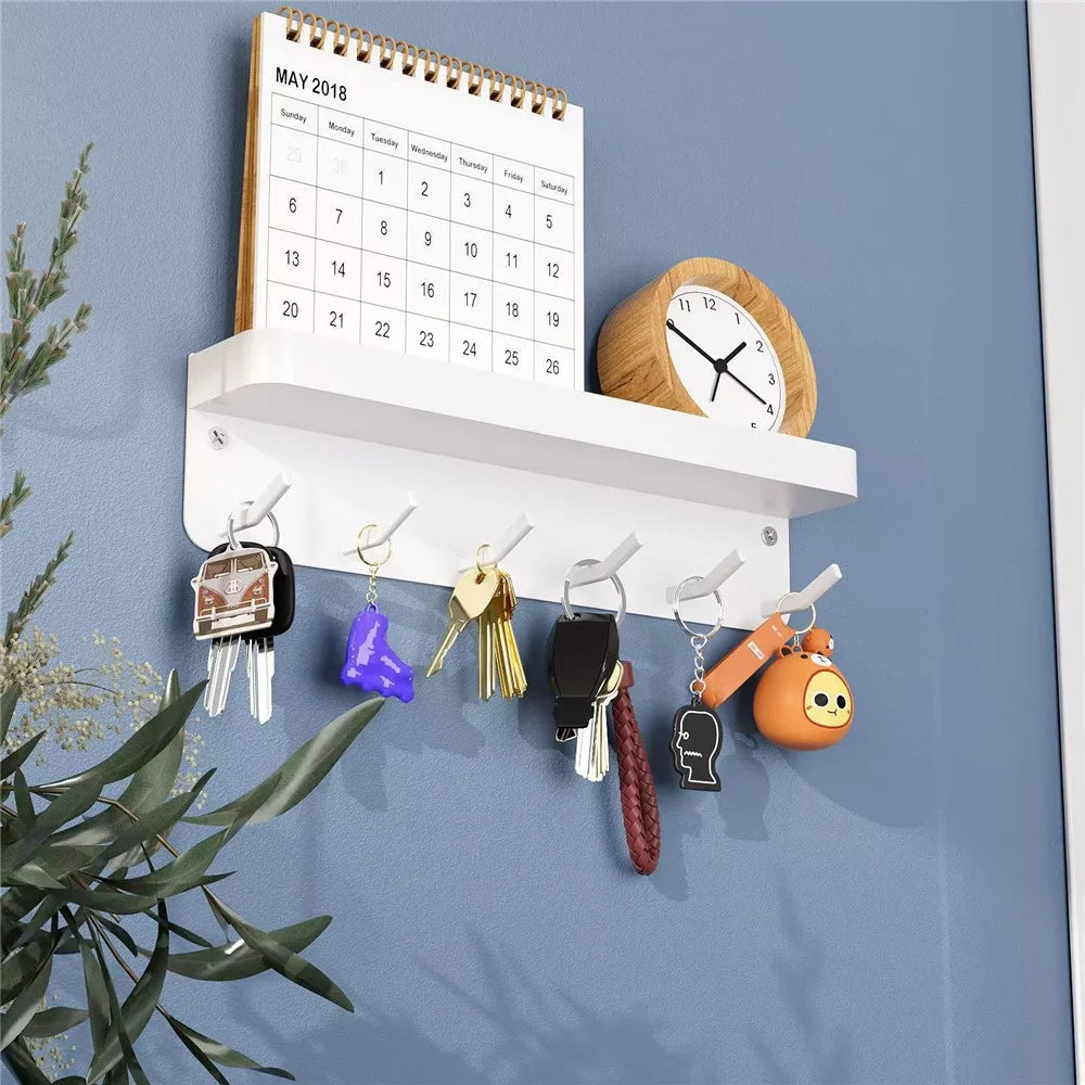 Wall Mounted Key Holder Hook Organizer Rack Carbon Steel 6-Hooks Magnetic Mount for Entryway - White - 2