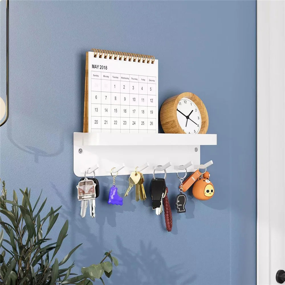 Wall Mounted Key Holder Hook Organizer Rack Carbon Steel 6-Hooks Magnetic Mount for Entryway - White - 3