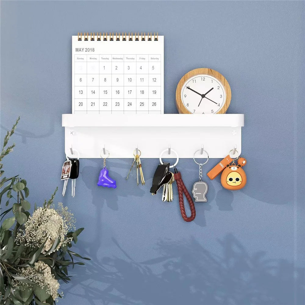 Wall Mounted Key Holder Hook Organizer Rack Carbon Steel 6-Hooks Magnetic Mount for Entryway - White - 4