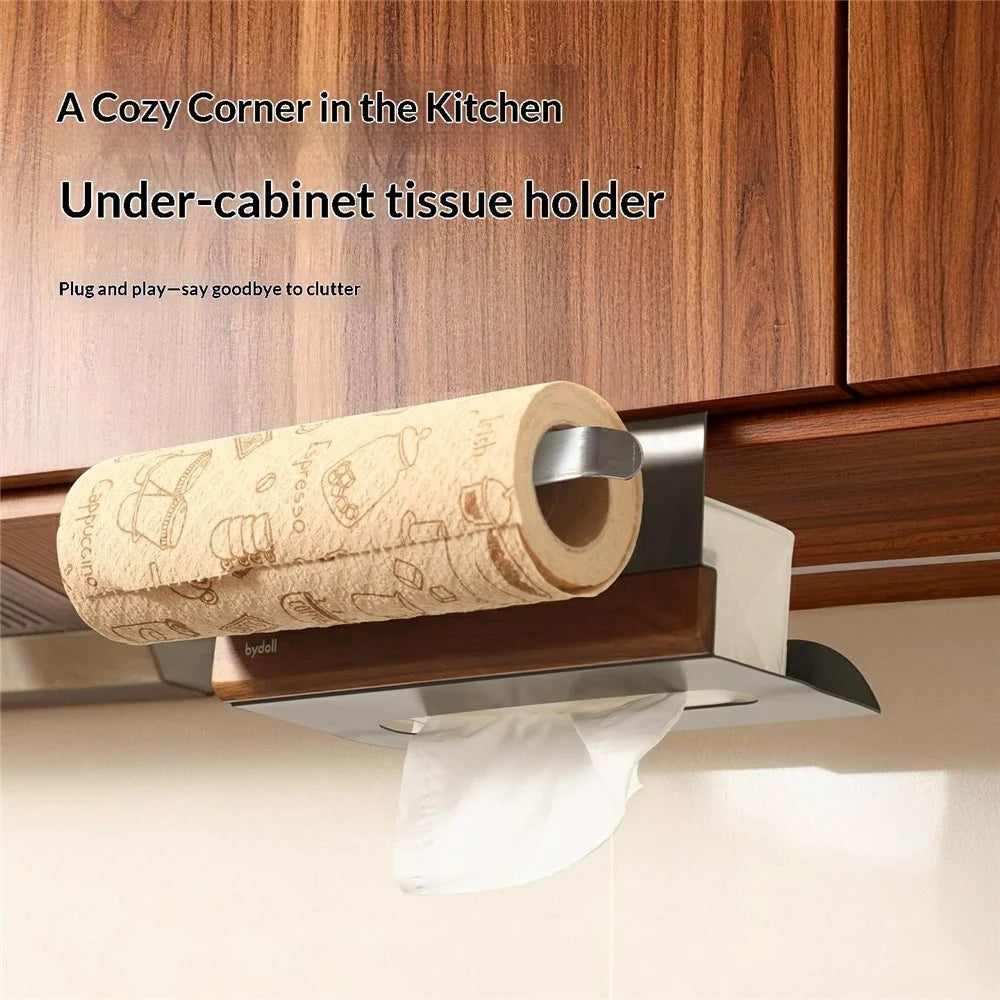 BYDOLL Under Cabinet Paper Towel Tissue Holder with Storage Rack Gunmetal Walnut Wood Kitchen Organizer - 2