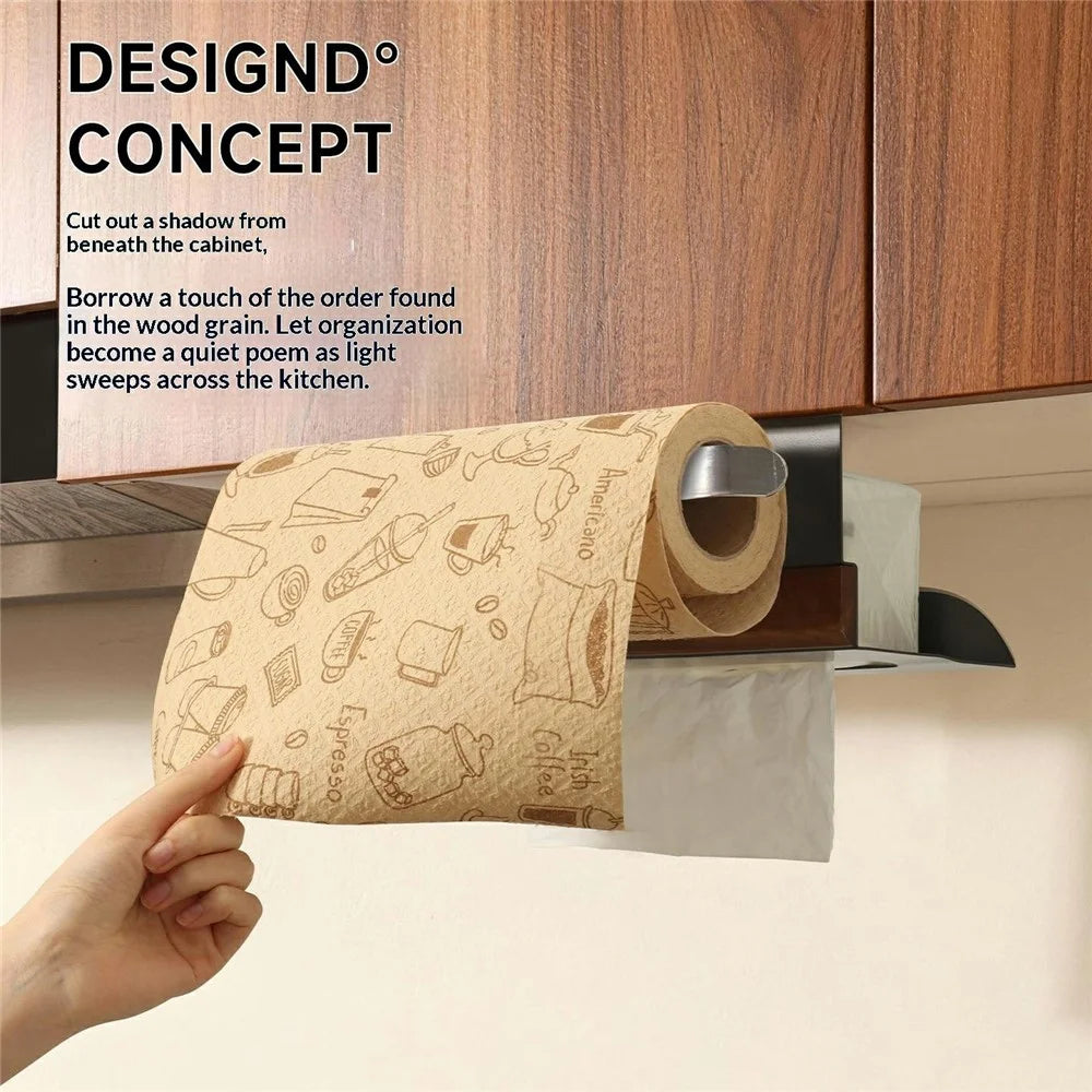 BYDOLL Under Cabinet Paper Towel Tissue Holder with Storage Rack Gunmetal Walnut Wood Kitchen Organizer - 3
