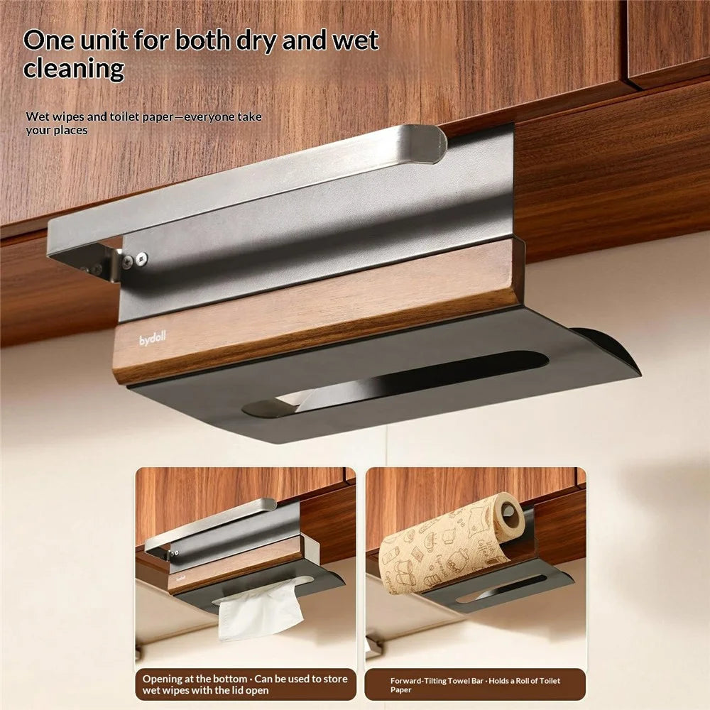 BYDOLL Under Cabinet Paper Towel Tissue Holder with Storage Rack Gunmetal Walnut Wood Kitchen Organizer - 4
