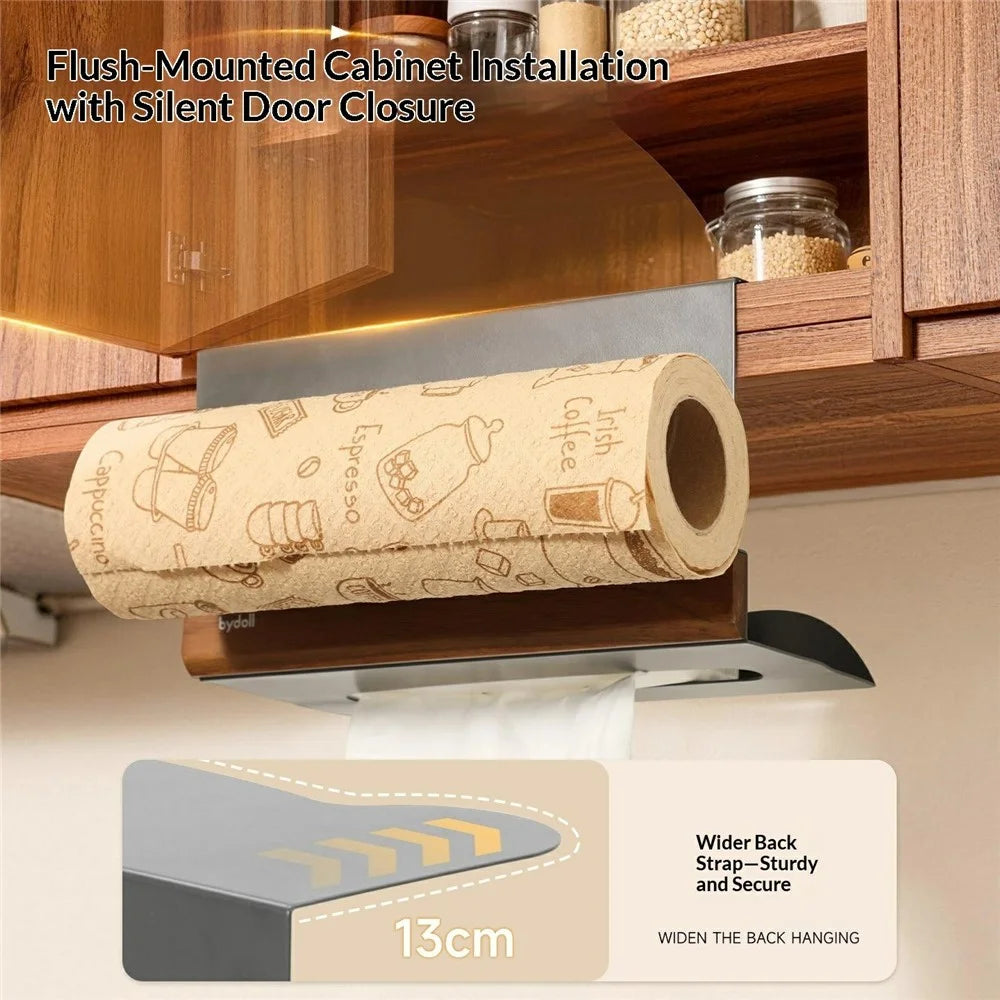 BYDOLL Under Cabinet Paper Towel Tissue Holder with Storage Rack Gunmetal Walnut Wood Kitchen Organizer - 5