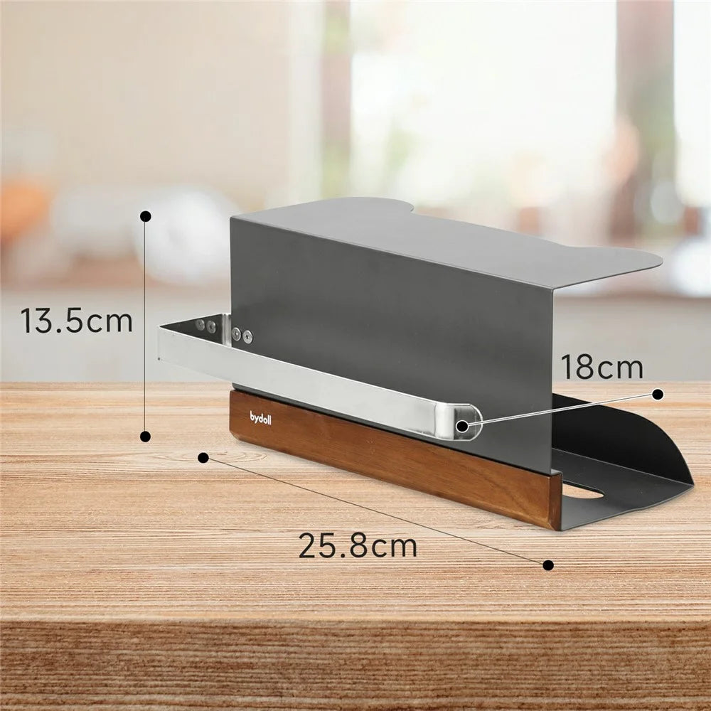 BYDOLL Under Cabinet Paper Towel Tissue Holder with Storage Rack Gunmetal Walnut Wood Kitchen Organizer - 6
