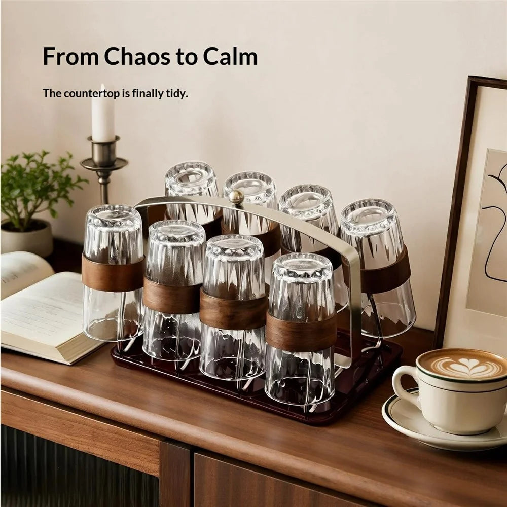 8 Cup Stainless Steel Draining Rack with Removable Tray Cup Storage Holder Organizer for Desktop - 2