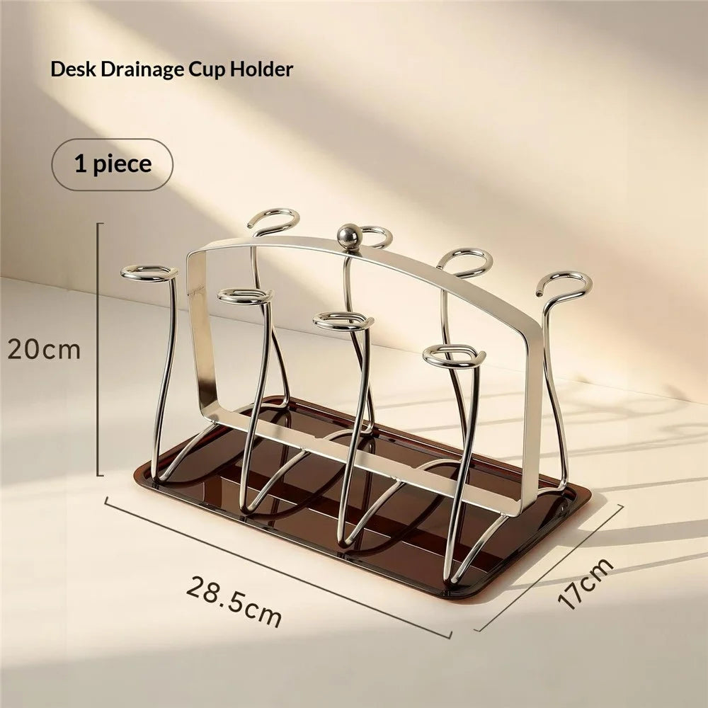8 Cup Stainless Steel Draining Rack with Removable Tray Cup Storage Holder Organizer for Desktop - 6