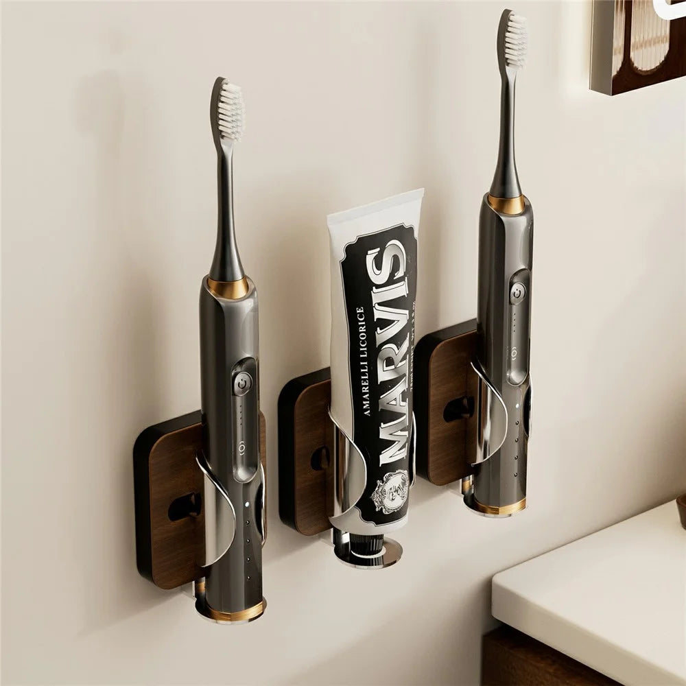 BYDOLL Wall-Mounted Walnut Wood Toothbrush Holder Gravity Sensing Electric Toothbrush Stand - Walnut Wood Color - 2
