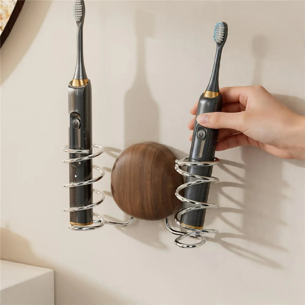 BYDOLL Wall-Mounted Suction Cup Double Electric Toothbrush Holder Walnut Wood 304 Stainless Steel Toothbrush Organizer for Bathroom - 6