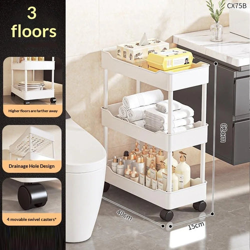 40x15x62cm 3-Tier Rolling Storage Cart Bathroom Gap Storage Rack Drainage Tray Design Mobile Trolley with Wheels - White - 1