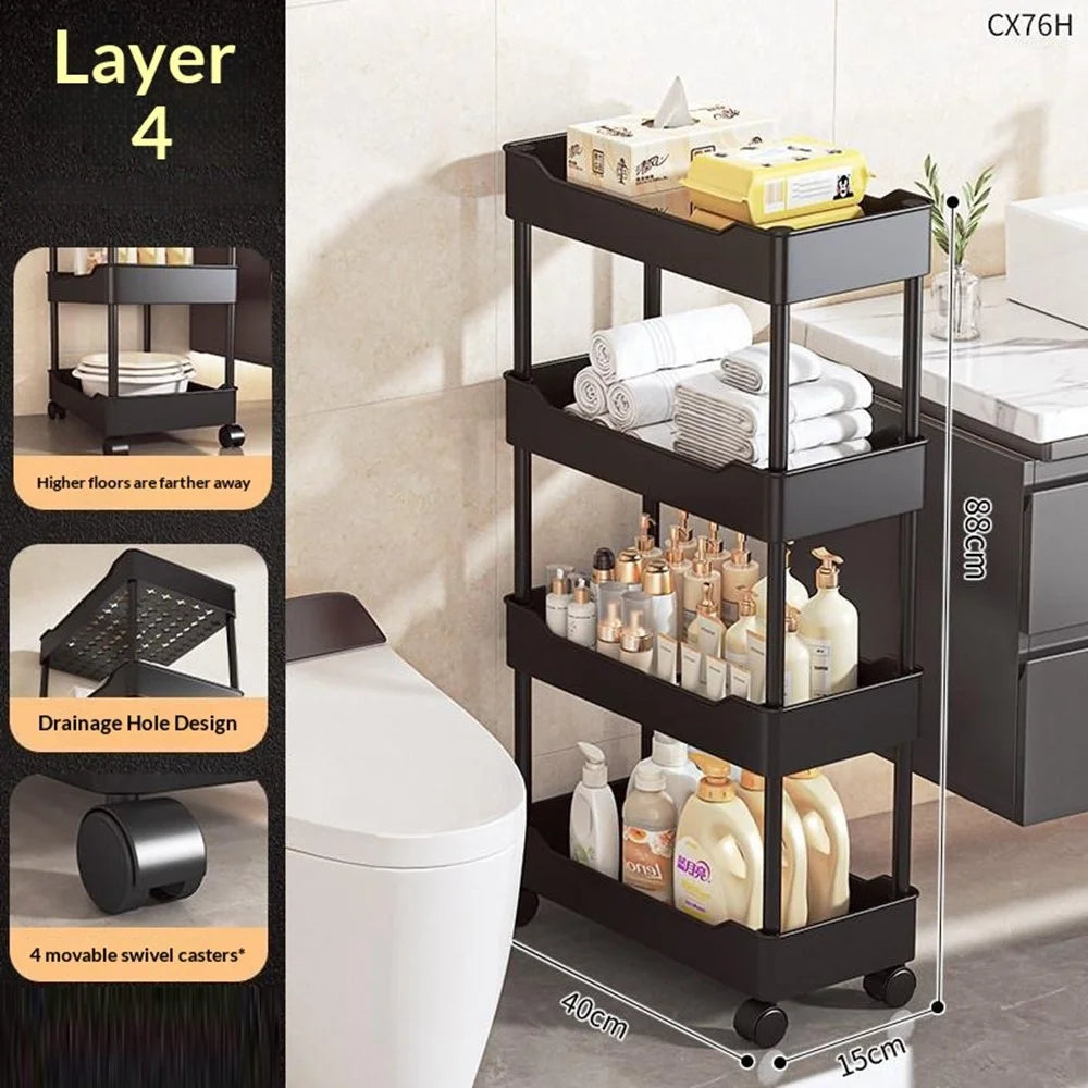 40x15x88cm 4-Tier Rolling Storage Cart Bathroom Gap Storage Rack Drainage Tray Design Mobile Trolley with Wheels - Black - 1