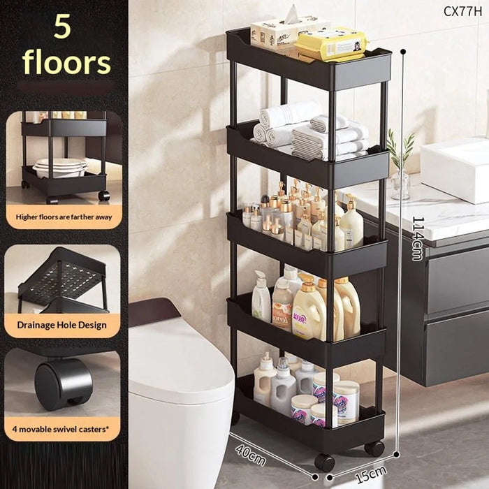 40x15x114cm 5-Tier Rolling Storage Cart Bathroom Gap Storage Rack Drainage Tray Design Mobile Trolley with Wheels - Black - 1