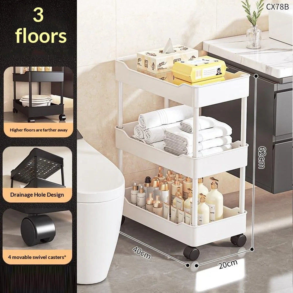 40x20x62cm 3-Tier Rolling Storage Cart Bathroom Gap Storage Rack Drainage Tray Design Mobile Trolley with Wheels - White - 1