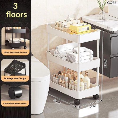 40x20x62cm 3-Tier Rolling Storage Cart Bathroom Gap Storage Rack Drainage Tray Design Mobile Trolley with Wheels - White - 1