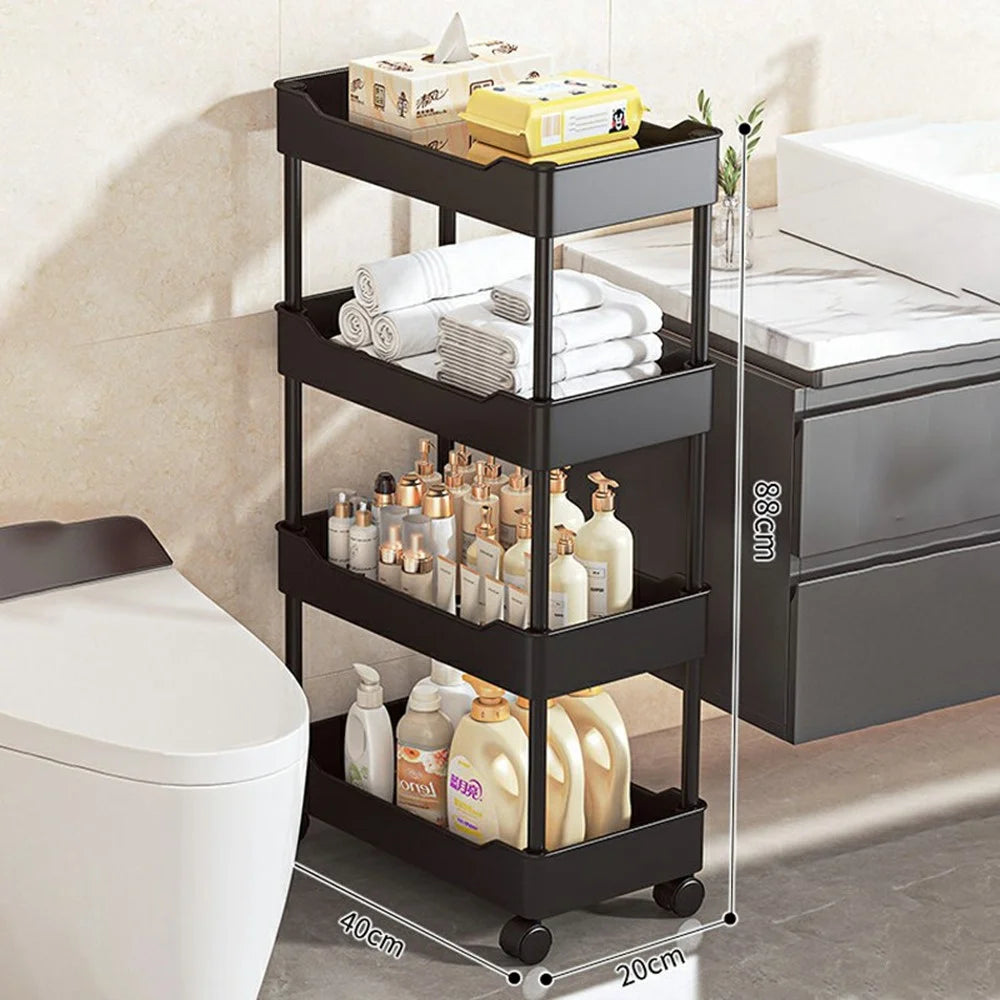 40x20x88cm 4-Tier Rolling Storage Cart Bathroom Gap Storage Rack Drainage Tray Design Mobile Trolley with Wheels - Black - 1