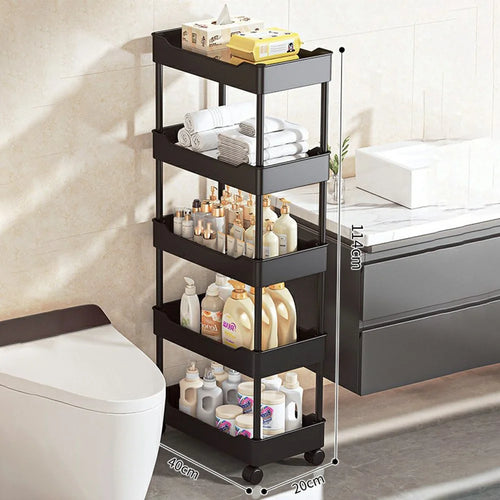 40x20x114cm 5-Tier Rolling Storage Cart Bathroom Gap Storage Rack Drainage Tray Design Mobile Trolley with Wheels - Black - 1