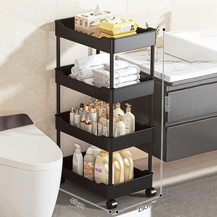 40x25x91cm 4-Tier Rolling Storage Cart Bathroom Gap Storage Rack Drainage Tray Design Mobile Trolley with Wheels - Black - 1