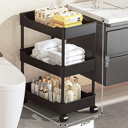 40x25x65cm 3-Tier Rolling Storage Cart Bathroom Gap Storage Rack Drainage Tray Design Mobile Trolley with Wheels - Black - 1