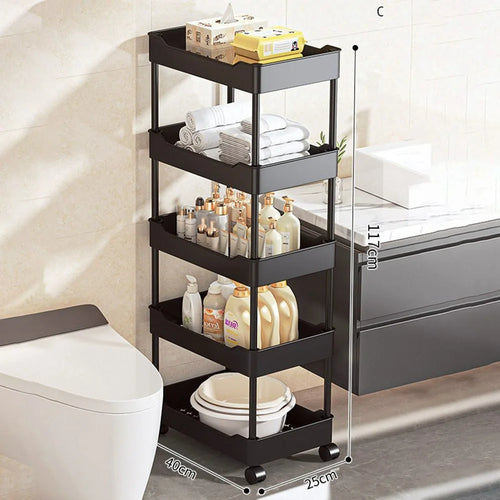 40x25x117cm 5-Tier Rolling Storage Cart Bathroom Gap Storage Rack Drainage Tray Design Mobile Trolley with Wheels - Black - 1
