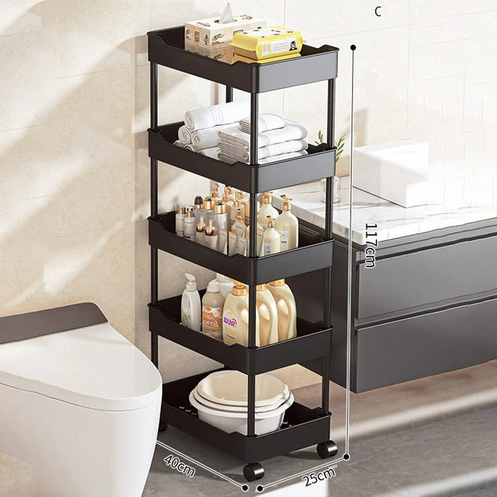 40x25x117cm 5-Tier Rolling Storage Cart Bathroom Gap Storage Rack Drainage Tray Design Mobile Trolley with Wheels - Black - 1