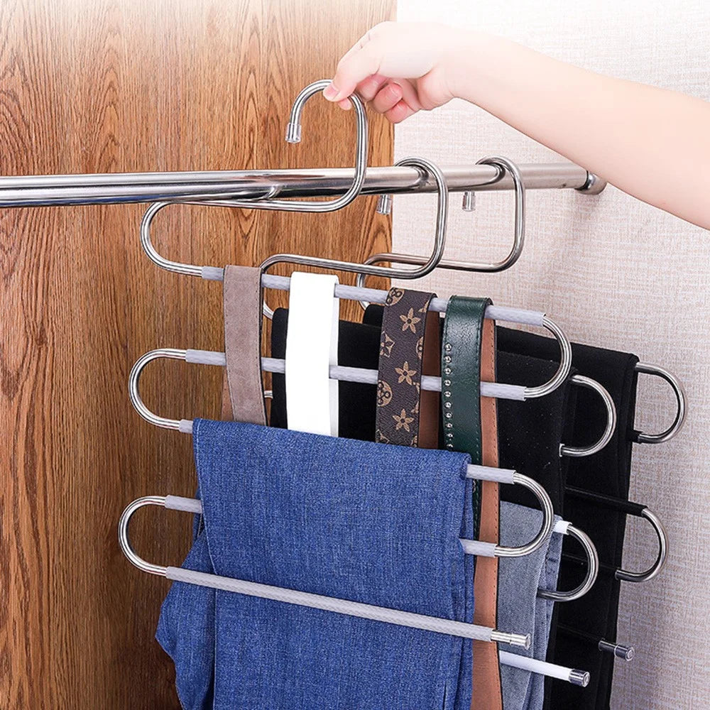 4Pcs S Shaped Pant Hangers Non-Slip Space-saving Stainless Steel Clothes Hanger Wardrobe Organizer for Pants Scarf Tie Towel - Grey - 4