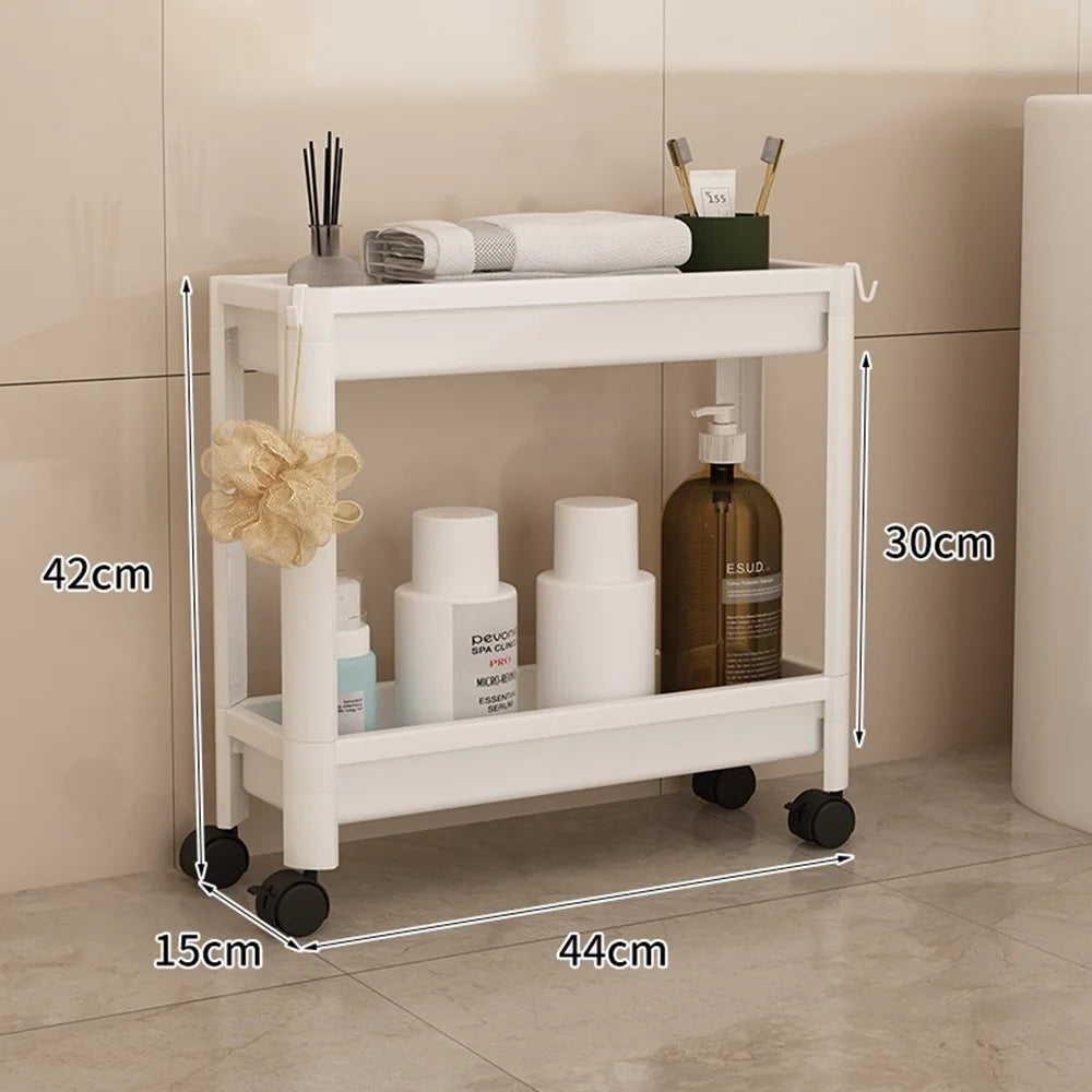44x15x42cm 2-Tier Bathroom Gap Storage Cart with Wheels Floor Standing Rack Organizer Shelf for Bathroom Kitchen - White - 1