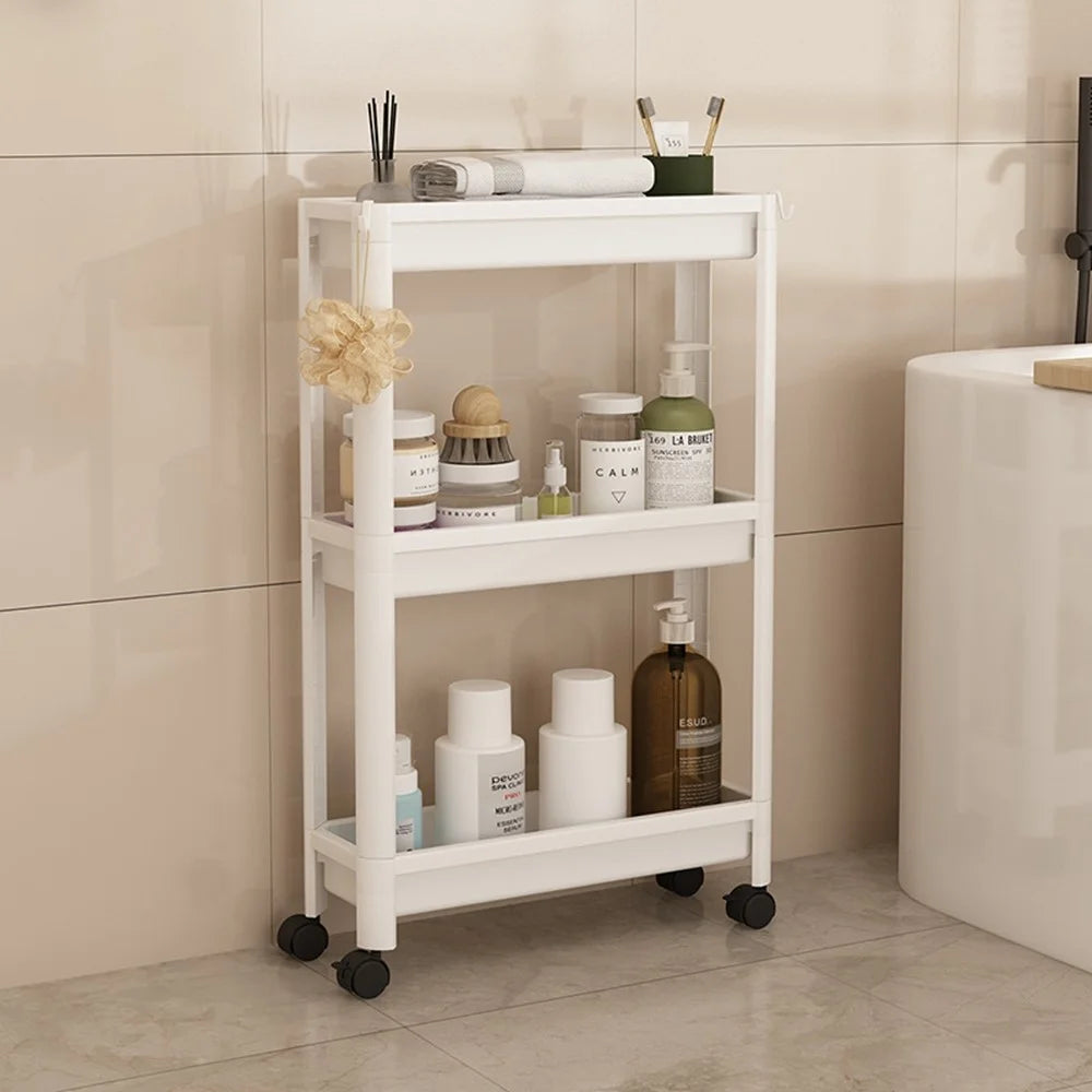 44x15x72cm 3-Tier Bathroom Gap Storage Cart with Wheels Floor Standing Rack Organizer Shelf for Bathroom Kitchen - White - 1