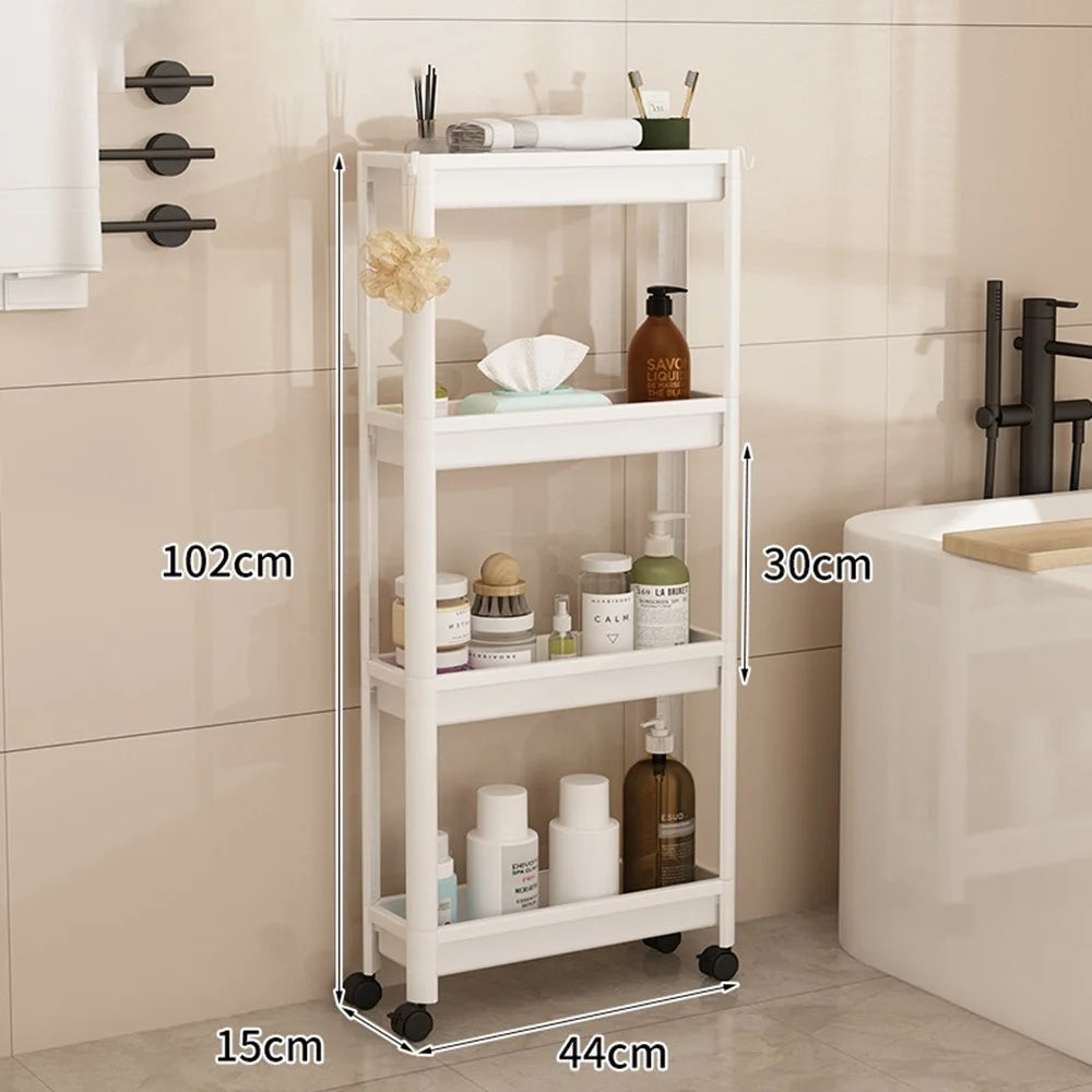 44x15x102cm 4-Tier Bathroom Gap Storage Cart with Wheels Floor Standing Rack Organizer Shelf for Bathroom Kitchen - White - 1